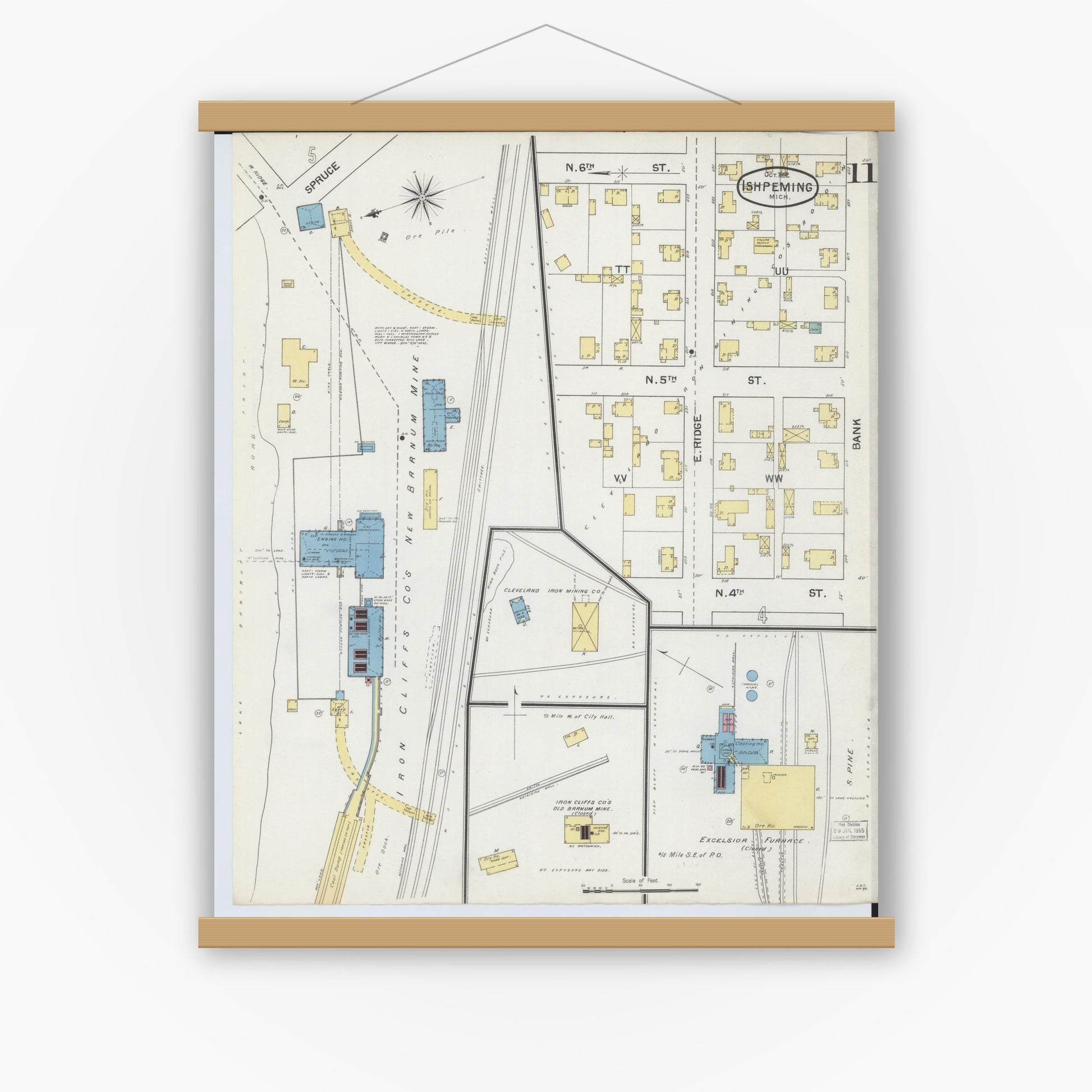 Old map wall art mockup — magnetic wood frame on white wall — Sanborn Fire Insurance Map from Ishpeming, Marquette County, Michigan (1892), Sheet #0011