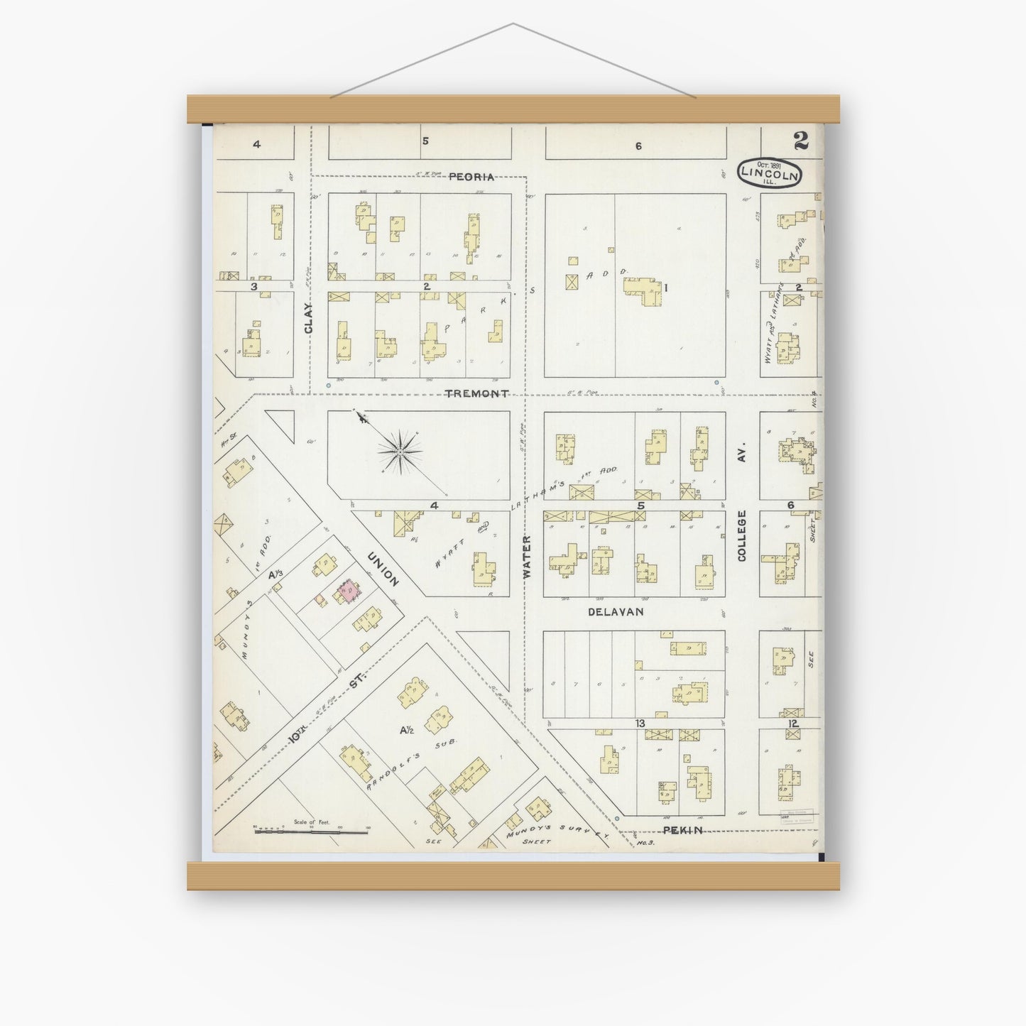 Old map wall art mockup — magnetic wood frame on white wall — Sanborn Fire Insurance Map from Lincoln, Logan County, Illinois (1891), Sheet #0002