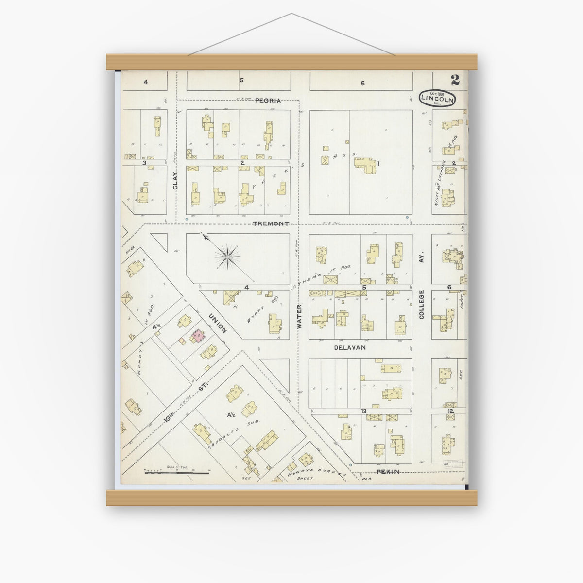 Old map wall art mockup — magnetic wood frame on white wall — Sanborn Fire Insurance Map from Lincoln, Logan County, Illinois (1891), Sheet #0002