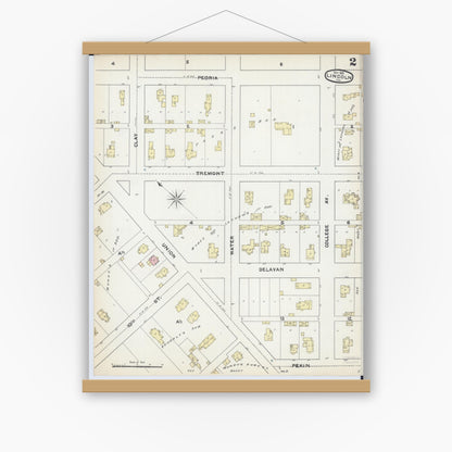 Old map wall art mockup — magnetic wood frame on white wall — Sanborn Fire Insurance Map from Lincoln, Logan County, Illinois (1891), Sheet #0002