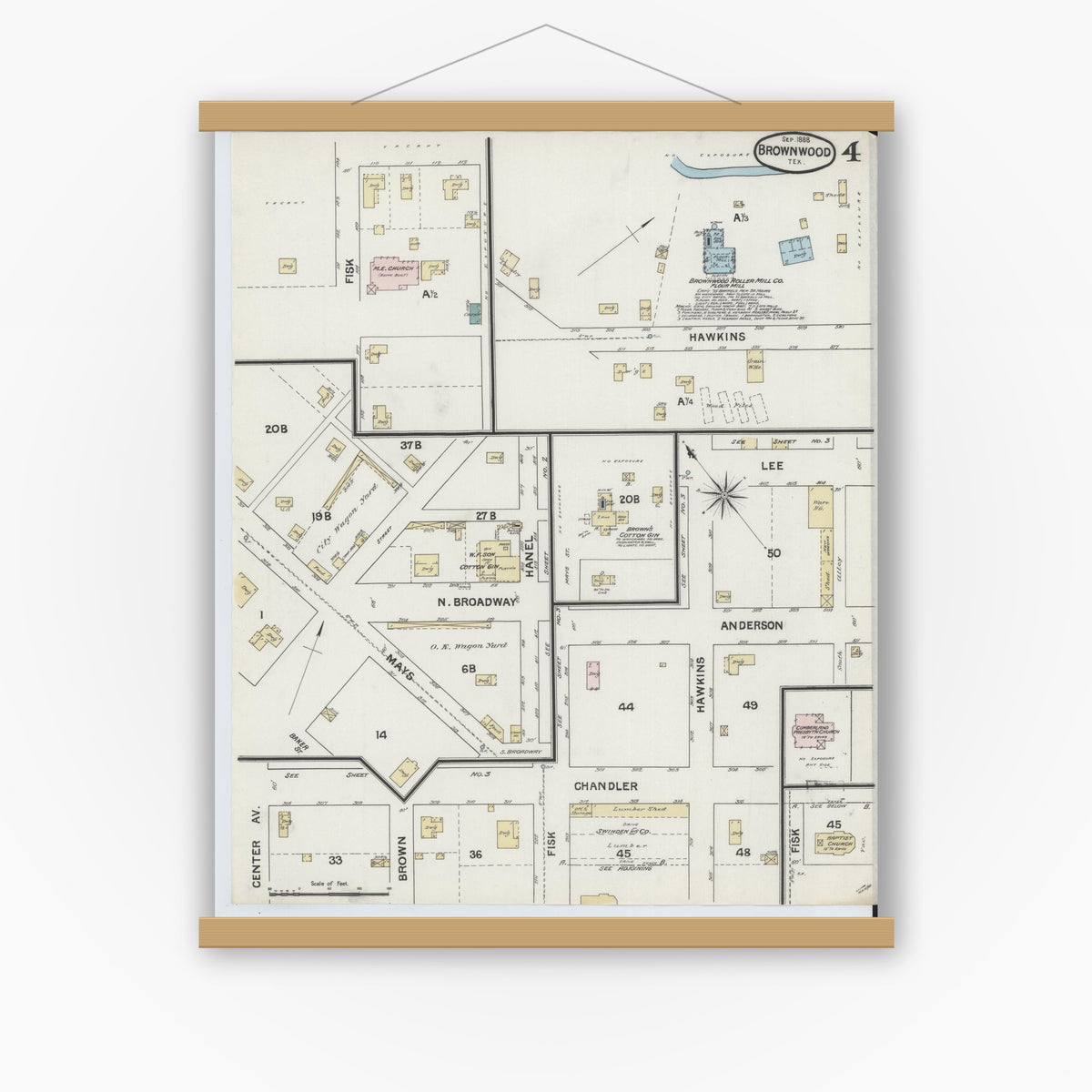 Old map wall art mockup — magnetic wood frame on white wall — Sanborn Fire Insurance Map from Brownwood, Brown County, Texas (1888), Sheet #0004