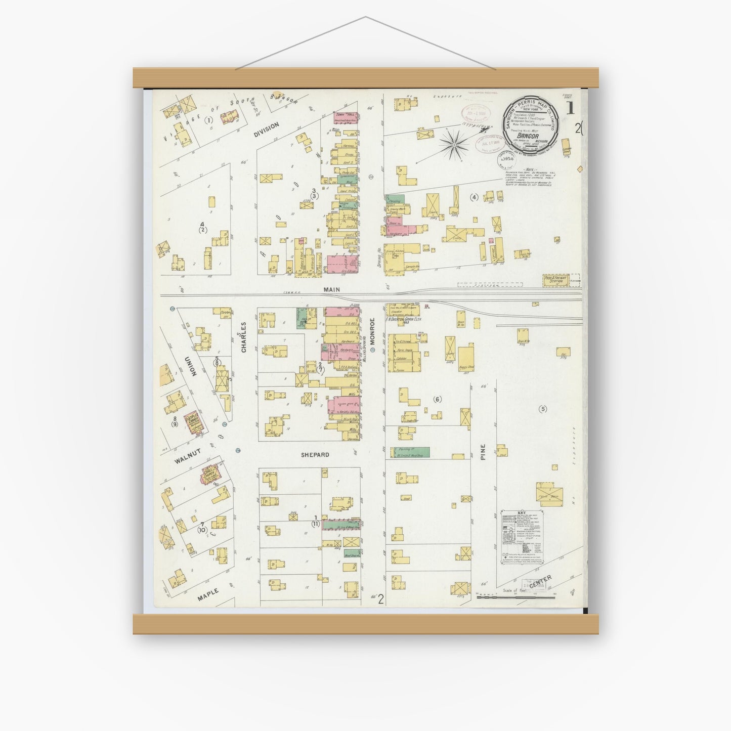 Old map wall art mockup — magnetic wood frame on white wall — Sanborn Fire Insurance Map from Bangor, Van Buren County, Michigan (1899) - Complete Map Set