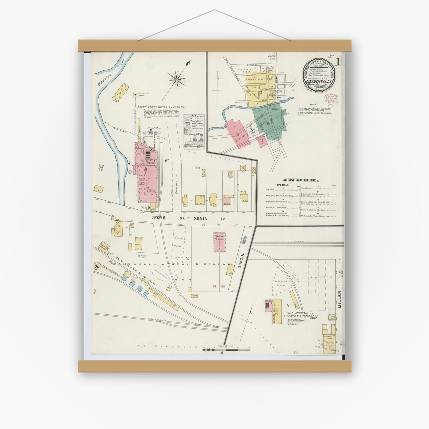 Old map wall art mockup — magnetic wood frame on white wall — Sanborn Fire Insurance Map from Cedarville, Greene County, Ohio (1895), Sheet #0001