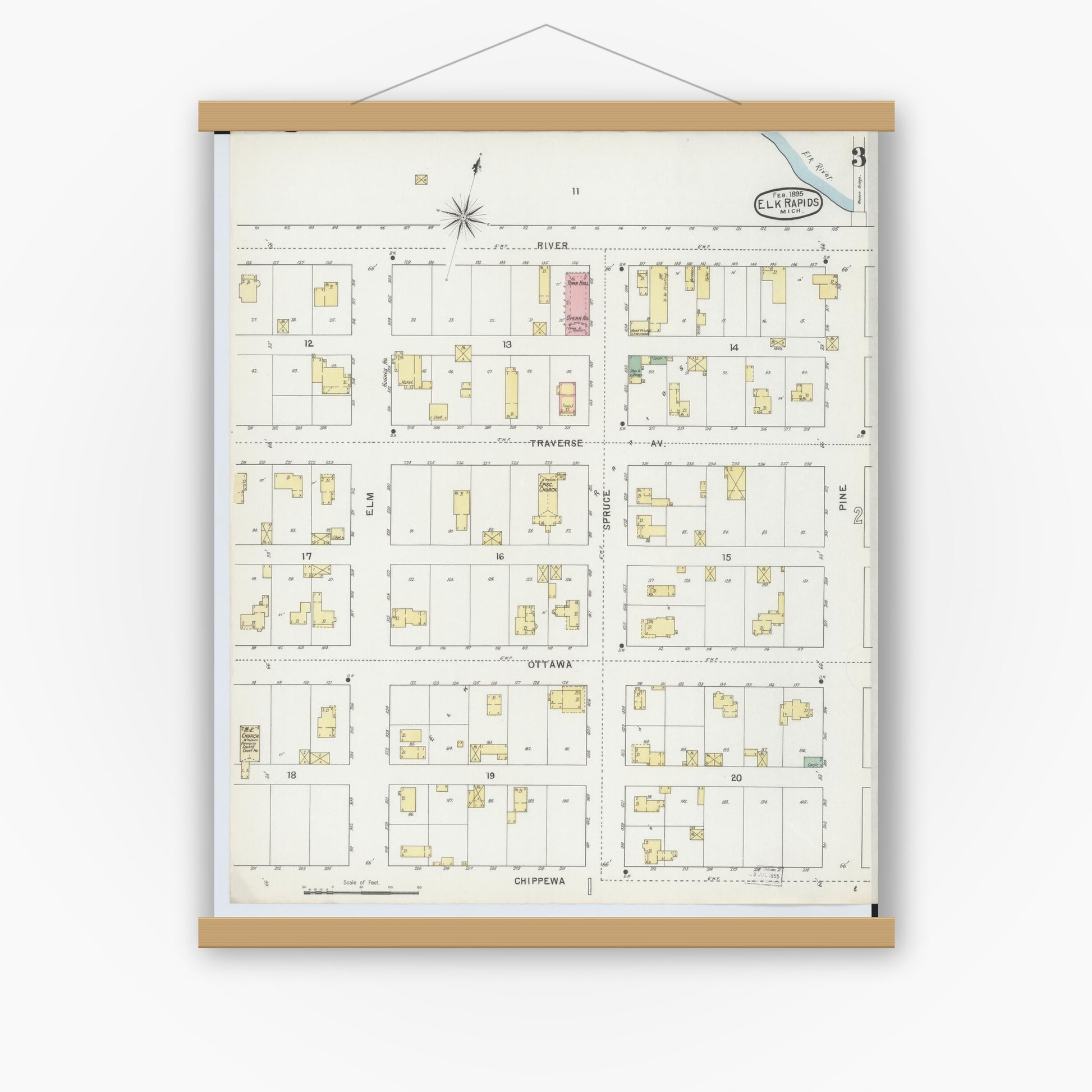 Old map wall art mockup — magnetic wood frame on white wall — Sanborn Fire Insurance Map from Elk Rapids, Antrim County, Michigan (1895), Sheet #0003
