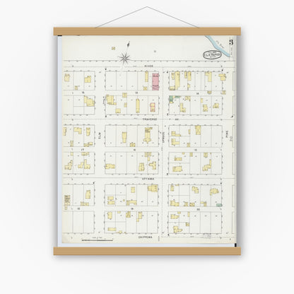 Old map wall art mockup — magnetic wood frame on white wall — Sanborn Fire Insurance Map from Elk Rapids, Antrim County, Michigan (1895), Sheet #0003