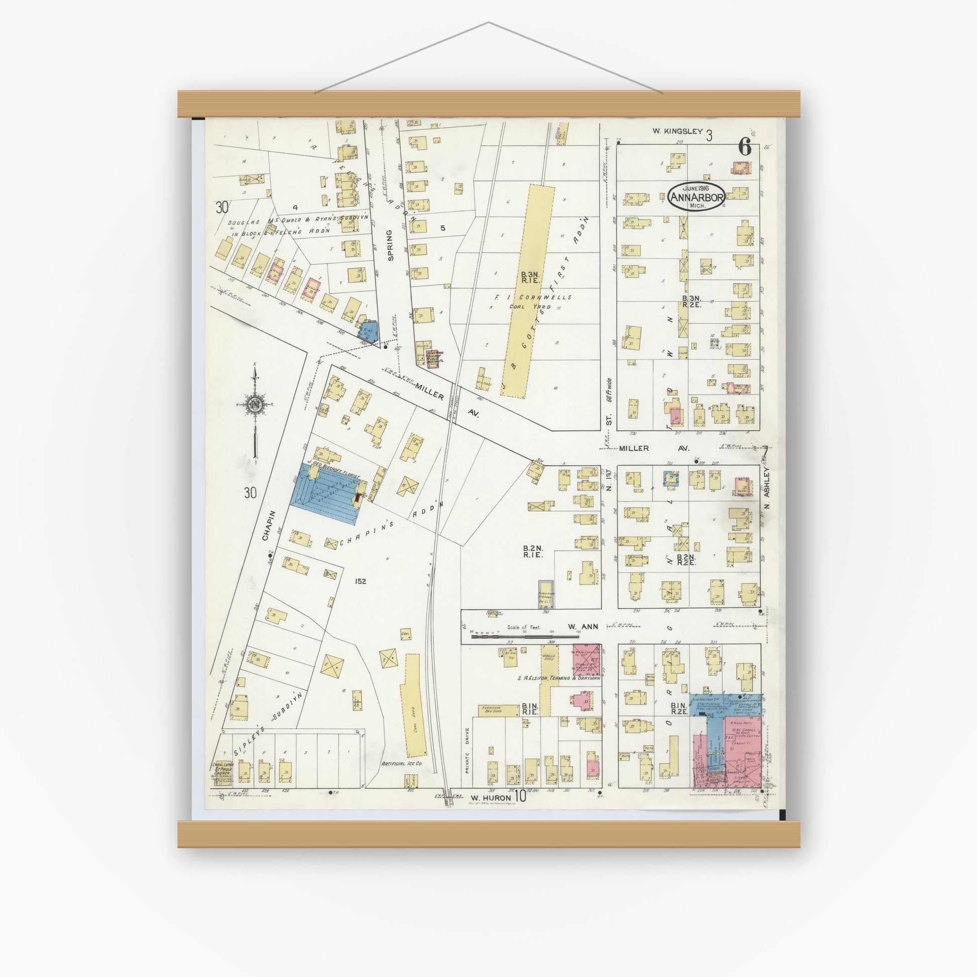 Old map wall art mockup — magnetic wood frame on white wall — Sanborn Fire Insurance Map from Ann Arbor, Washtenaw County, Michigan (1916), Sheet #0006