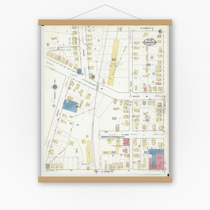 Old map wall art mockup — magnetic wood frame on white wall — Sanborn Fire Insurance Map from Ann Arbor, Washtenaw County, Michigan (1916), Sheet #0006
