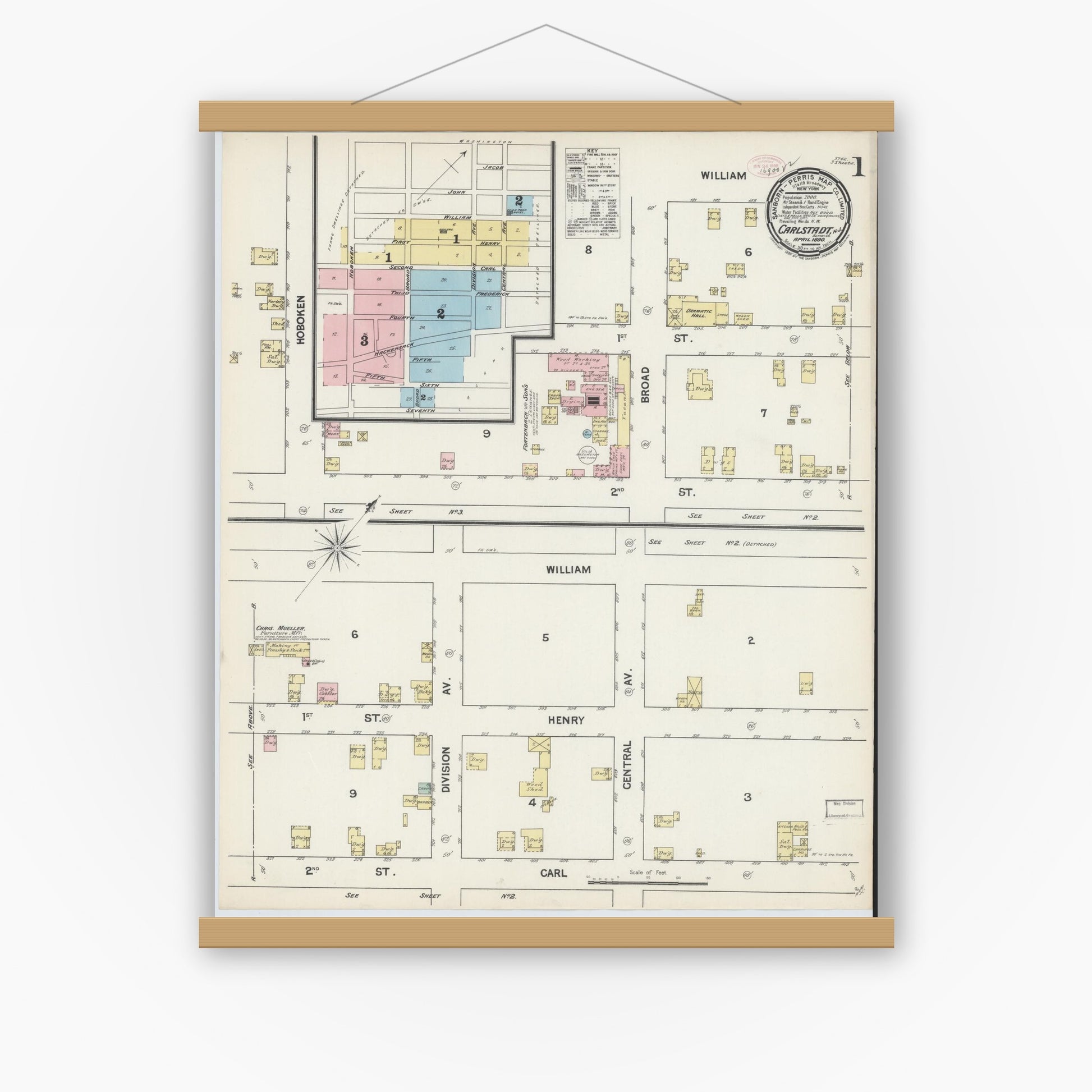 Old map wall art mockup — magnetic wood frame on white wall — Sanborn Fire Insurance Map from Carlstadt, Bergen County, New Jersey (1890) - Complete Map Set