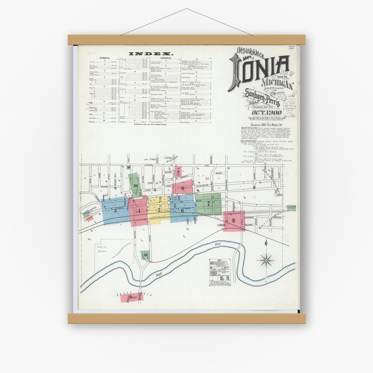 Old map wall art mockup — magnetic wood frame on white wall — Sanborn Fire Insurance Map from Ionia, Ionia County, Michigan (1900), Sheet #0001