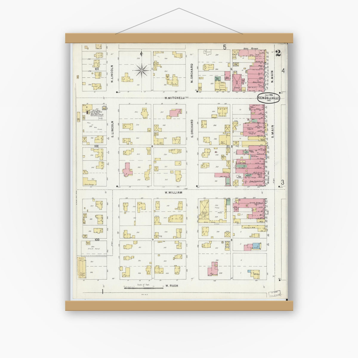 Old map wall art mockup — magnetic wood frame on white wall — Sanborn Fire Insurance Map from Kendallville, Noble County, Indiana (1896), Sheet #0002