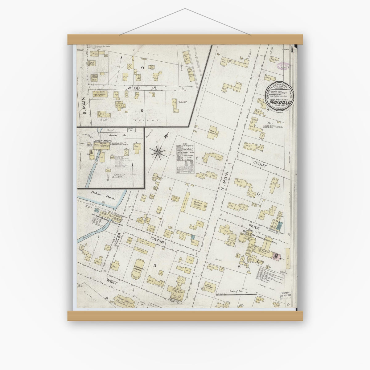 Old map wall art mockup — magnetic wood frame on white wall — Sanborn Fire Insurance Map from Mansfield, Bristol County, Massachusetts (1887) - Complete Map Set
