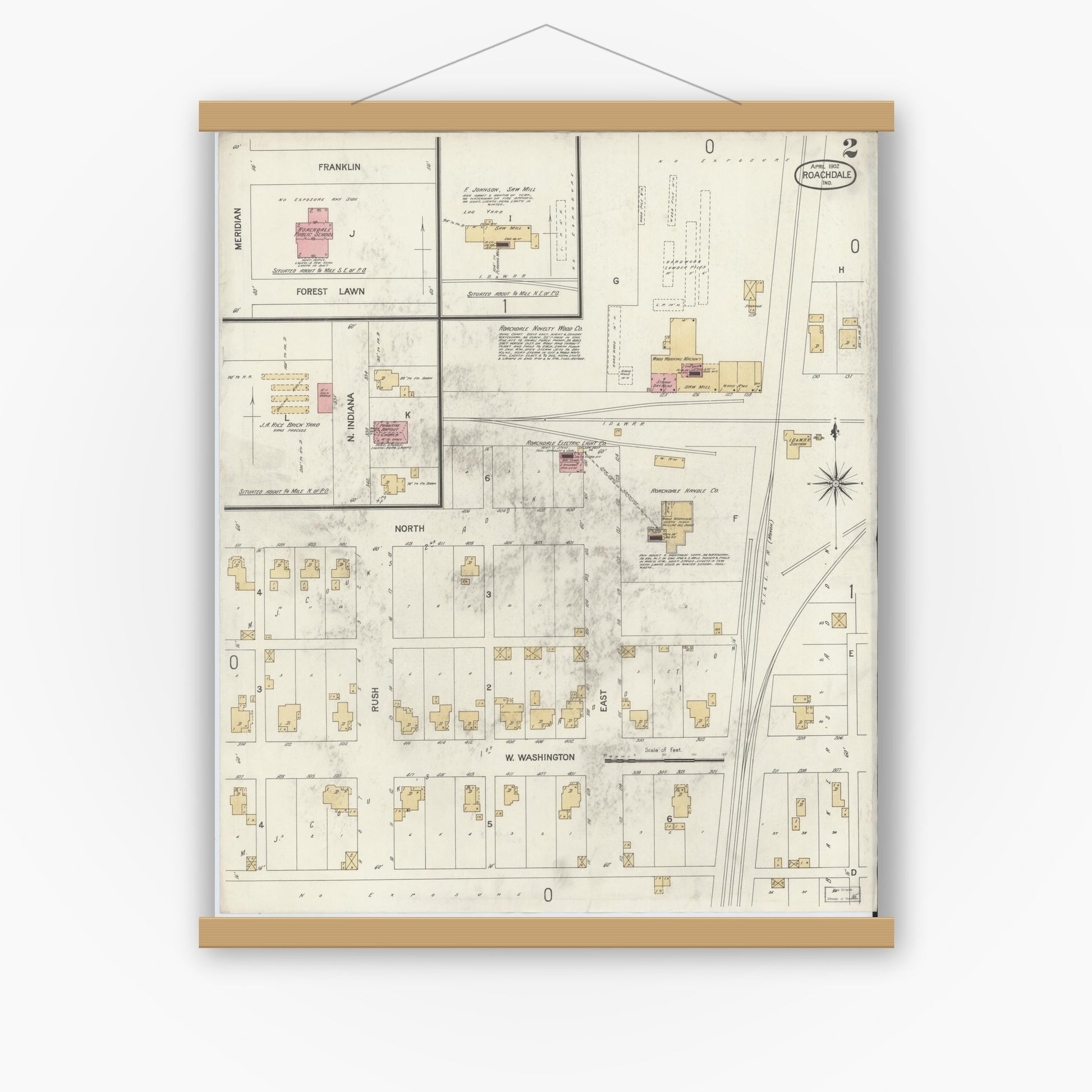 Old map wall art mockup — magnetic wood frame on white wall — Sanborn Fire Insurance Map from Roachdale, Putnam County, Indiana (1902), Sheet #0002