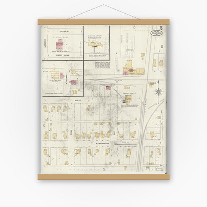 Old map wall art mockup — magnetic wood frame on white wall — Sanborn Fire Insurance Map from Roachdale, Putnam County, Indiana (1902), Sheet #0002