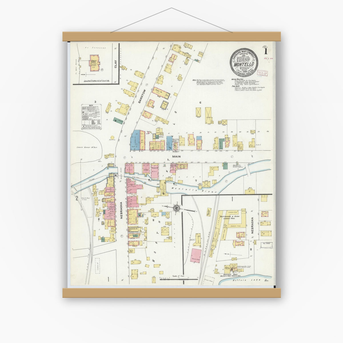 Old map wall art mockup — magnetic wood frame on white wall — Sanborn Fire Insurance Map from Montello, Marquette County, Wisconsin (1909) - Complete Map Set