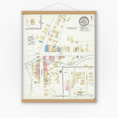 Old map wall art mockup — magnetic wood frame on white wall — Sanborn Fire Insurance Map from Montello, Marquette County, Wisconsin (1909) - Complete Map Set