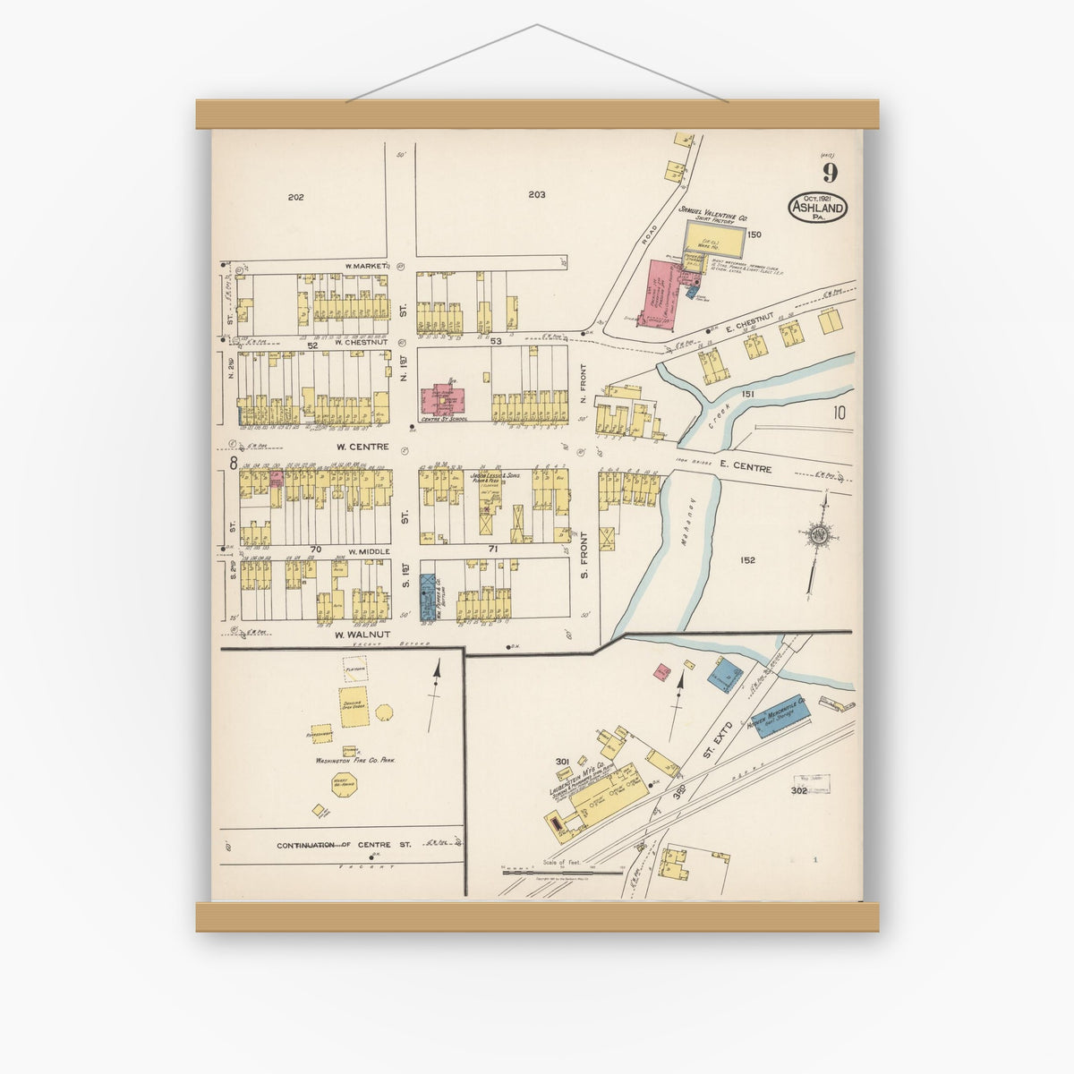 Old map wall art mockup — magnetic wood frame on white wall — Sanborn Fire Insurance Map from Ashland, Schuylkill County, Pennsylvania (1921), Sheet #0009