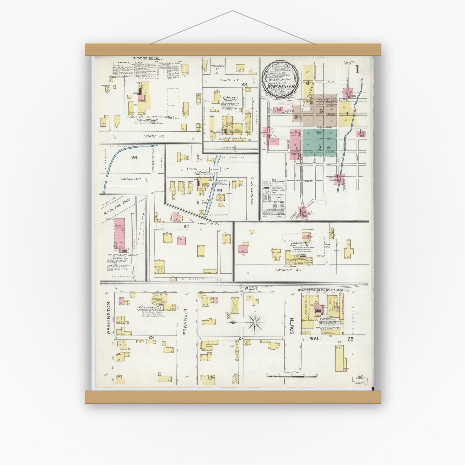 Old map wall art mockup — magnetic wood frame on white wall — Sanborn Fire Insurance Map from Winchester, Randolph County, Indiana (1892) - Complete Map Set