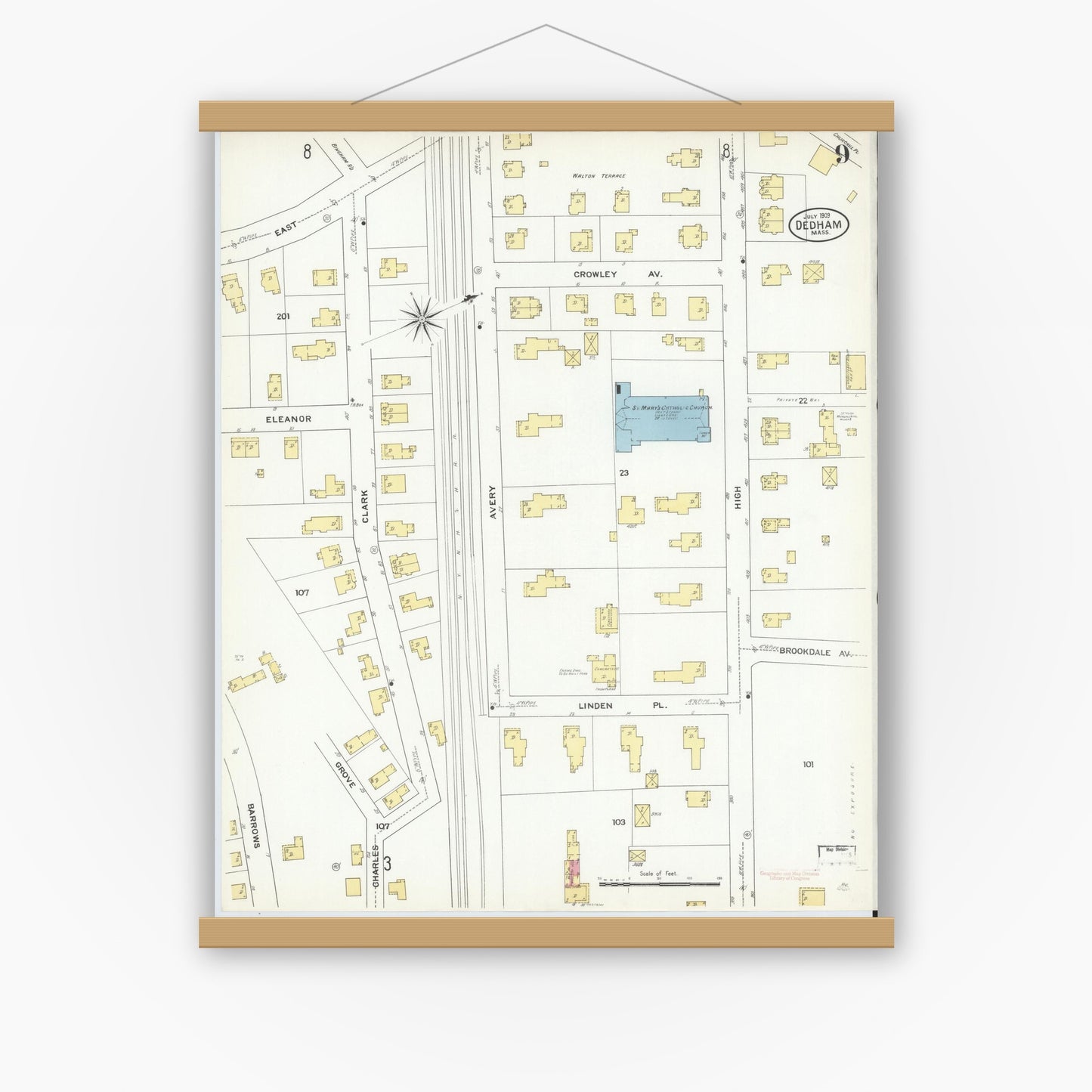 Old map wall art mockup — magnetic wood frame on white wall — Sanborn Fire Insurance Map from Dedham, Norfolk County, Massachusetts (1909), Sheet #0009