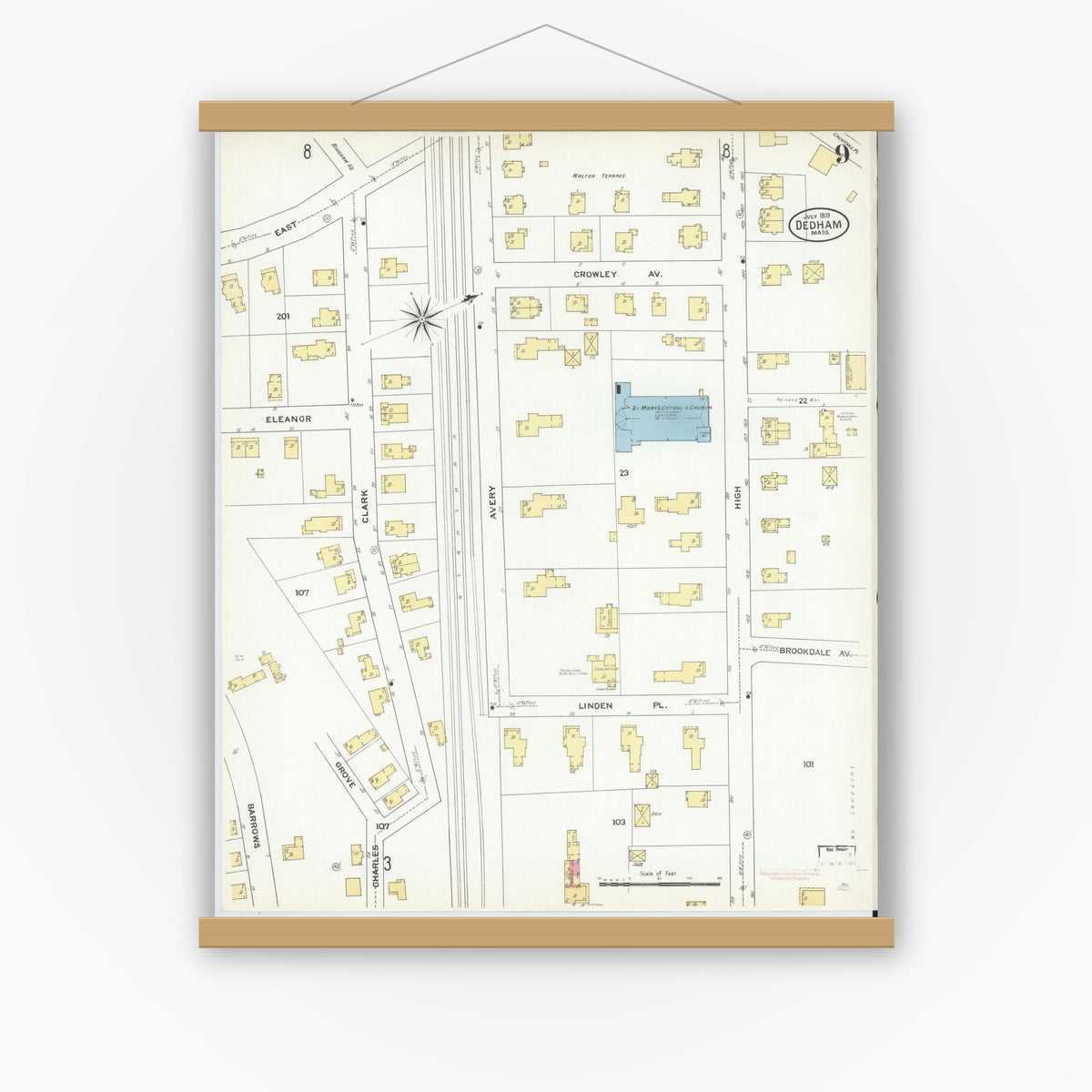 Old map wall art mockup — magnetic wood frame on white wall — Sanborn Fire Insurance Map from Dedham, Norfolk County, Massachusetts (1909), Sheet #0009