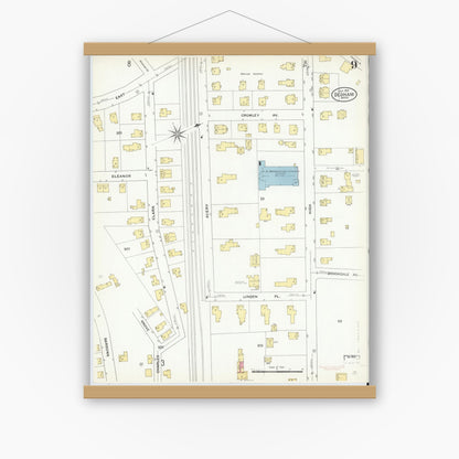 Old map wall art mockup — magnetic wood frame on white wall — Sanborn Fire Insurance Map from Dedham, Norfolk County, Massachusetts (1909), Sheet #0009