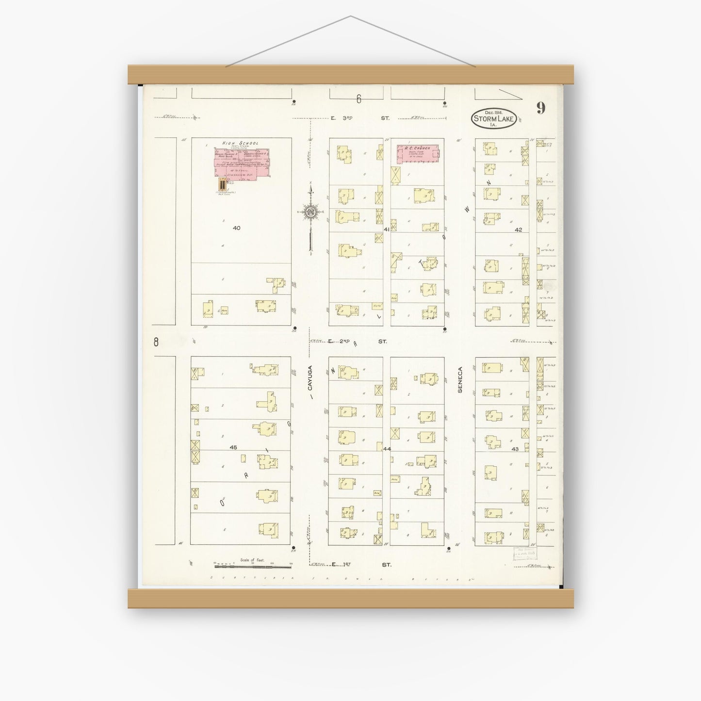 Old map wall art mockup — magnetic wood frame on white wall — Sanborn Fire Insurance Map from Storm Lake, Buena Vista County, Iowa (1914), Sheet #0009