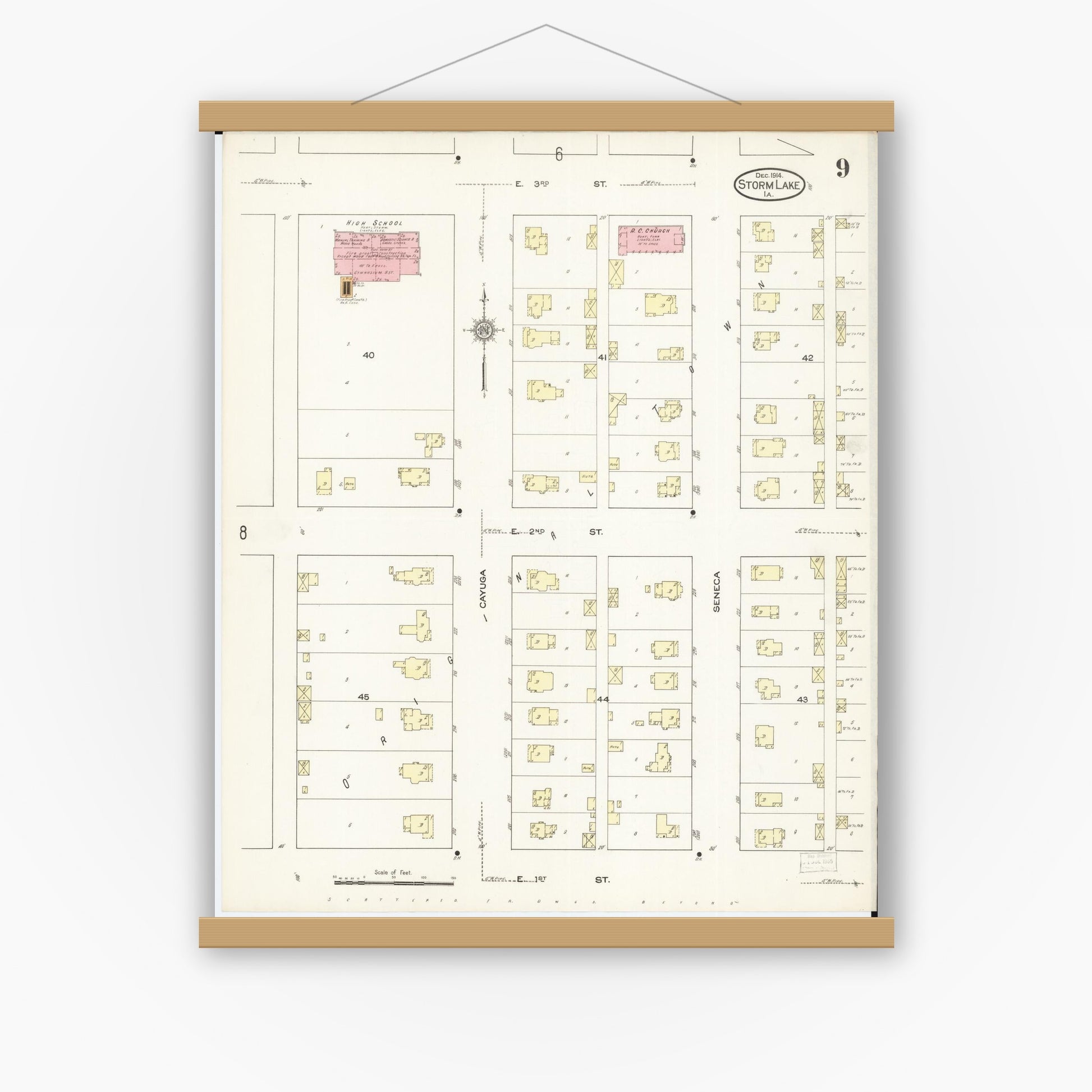 Old map wall art mockup — magnetic wood frame on white wall — Sanborn Fire Insurance Map from Storm Lake, Buena Vista County, Iowa (1914), Sheet #0009
