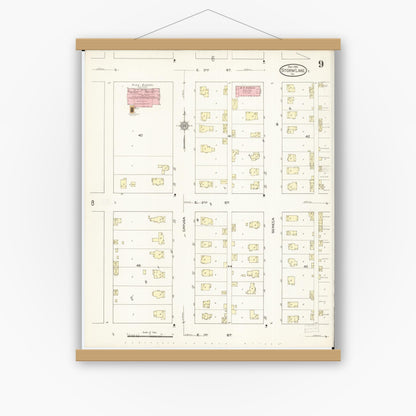 Old map wall art mockup — magnetic wood frame on white wall — Sanborn Fire Insurance Map from Storm Lake, Buena Vista County, Iowa (1914), Sheet #0009