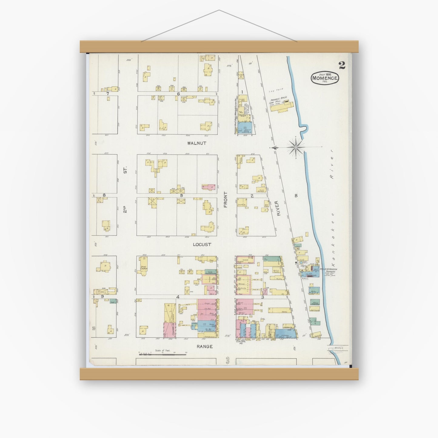 Old map wall art mockup — magnetic wood frame on white wall — Sanborn Fire Insurance Map from Momence, Kankakee County, Illinois (1892), Sheet #0002