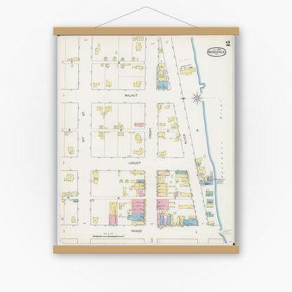 Old map wall art mockup — magnetic wood frame on white wall — Sanborn Fire Insurance Map from Momence, Kankakee County, Illinois (1892), Sheet #0002