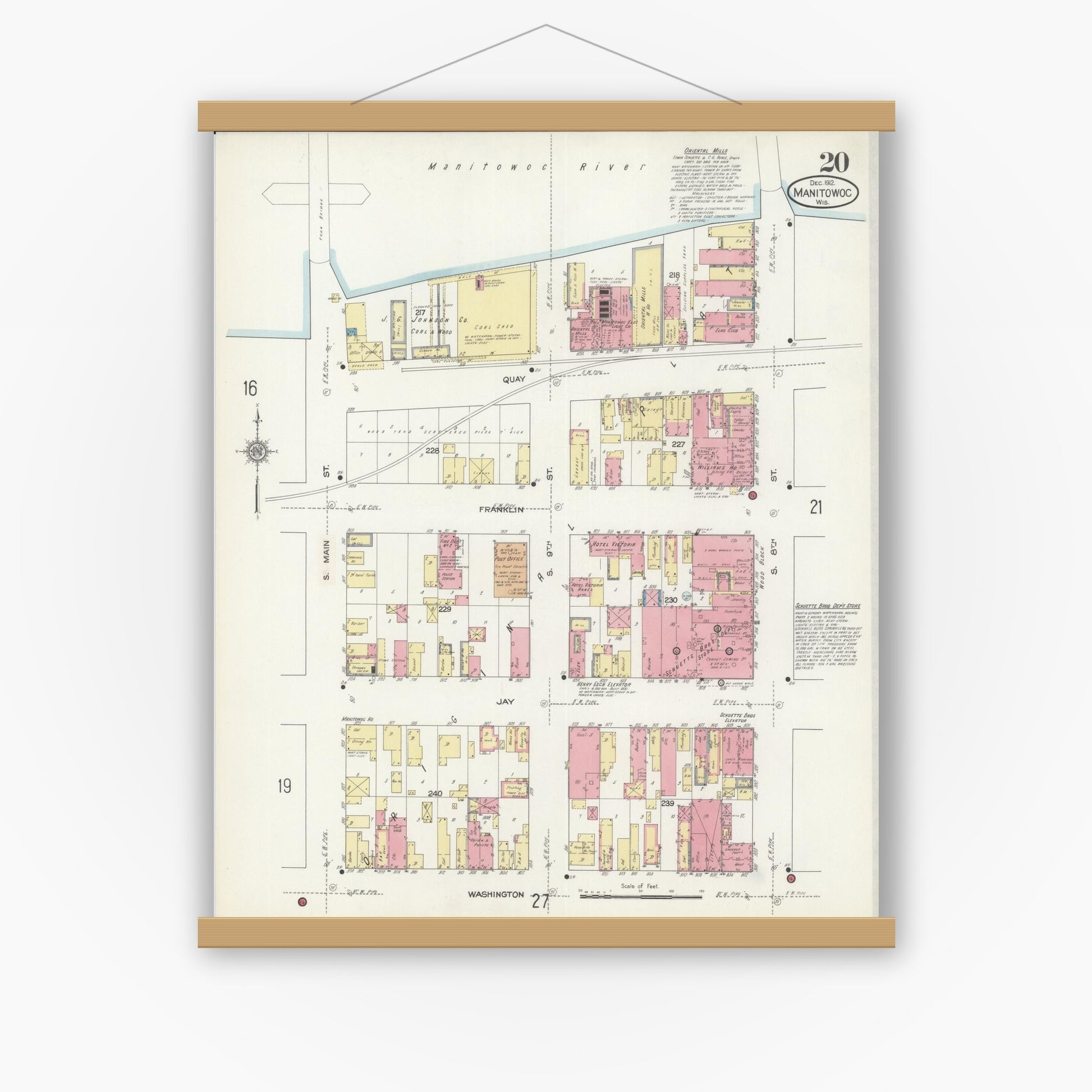 Old map wall art mockup — magnetic wood frame on white wall — Sanborn Fire Insurance Map from Manitowoc, Manitowoc County, Wisconsin (1912), Sheet #0020