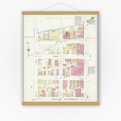 Old map wall art mockup — magnetic wood frame on white wall — Sanborn Fire Insurance Map from Manitowoc, Manitowoc County, Wisconsin (1912), Sheet #0020