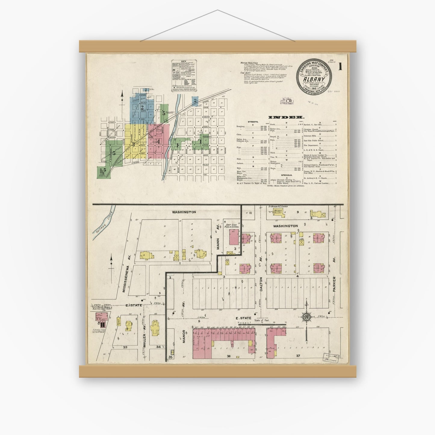 Old map wall art mockup — magnetic wood frame on white wall — Sanborn Fire Insurance Map from Albany, Delaware County, Indiana (1910), Sheet #0001