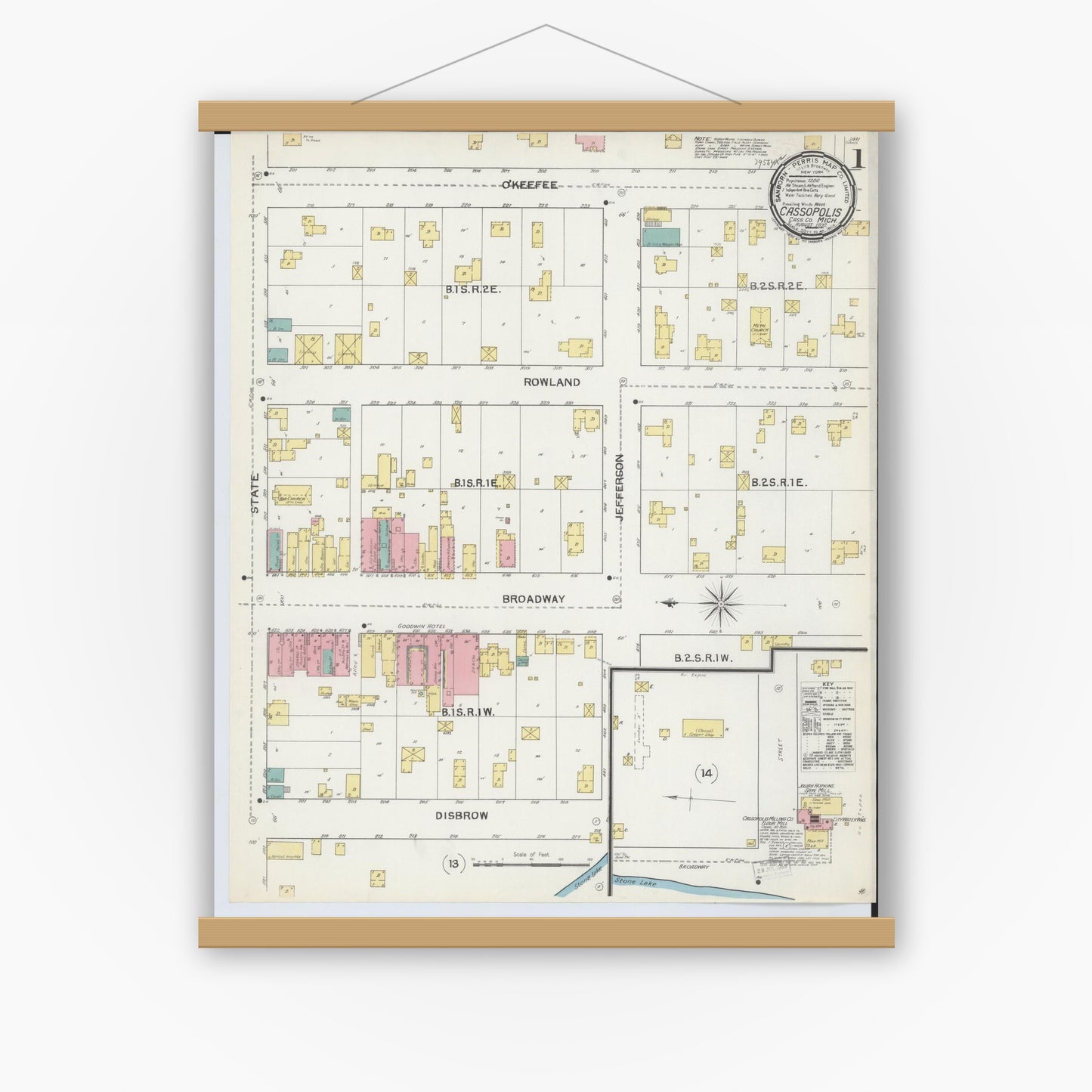 Old map wall art mockup — magnetic wood frame on white wall — Sanborn Fire Insurance Map from Cassopolis, Cass County, Michigan (1892) - Complete Map Set