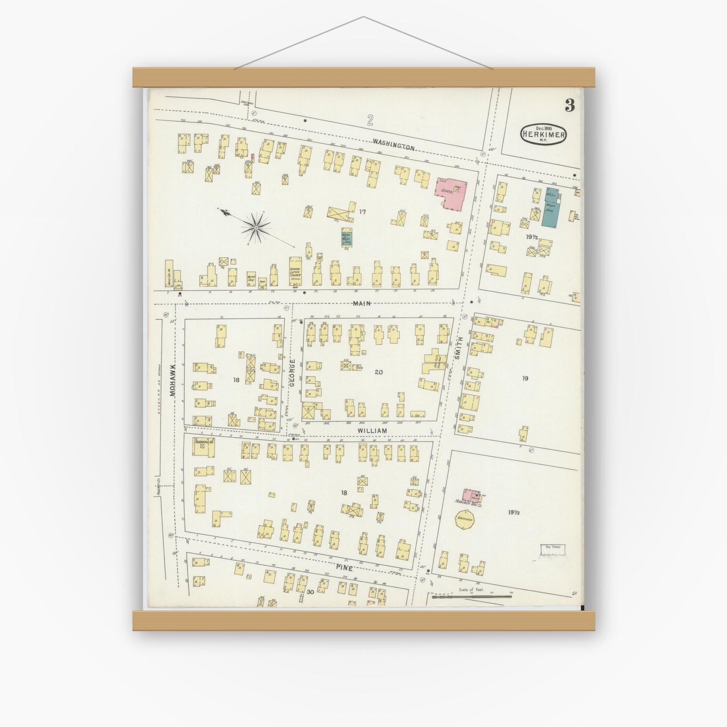Old map wall art mockup — magnetic wood frame on white wall — Sanborn Fire Insurance Map from Herkimer, Herkimer County, New York (1895), Sheet #0003