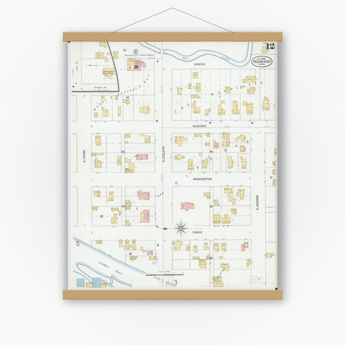 Old map wall art mockup — magnetic wood frame on white wall — Sanborn Fire Insurance Map from Rochester, Olmsted County, Minnesota (1899), Sheet #0012