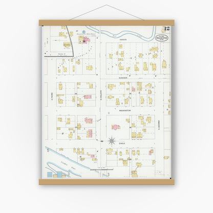 Old map wall art mockup — magnetic wood frame on white wall — Sanborn Fire Insurance Map from Rochester, Olmsted County, Minnesota (1899), Sheet #0012