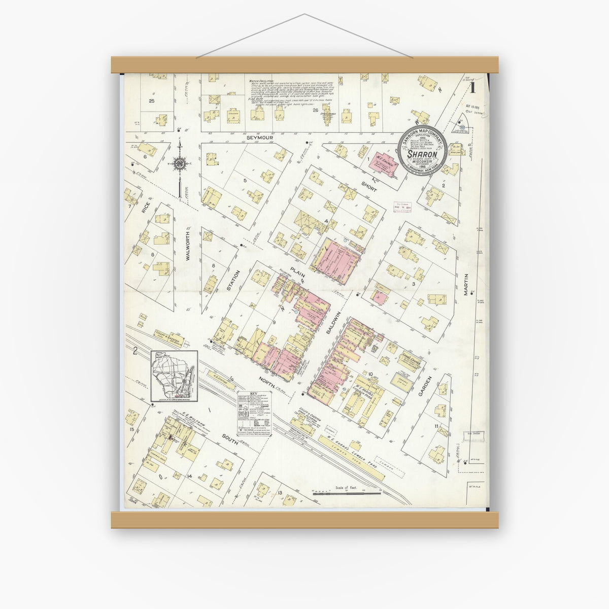 Old map wall art mockup — magnetic wood frame on white wall — Sanborn Fire Insurance Map from Sharon, Walworth County, Wisconsin (1914) - Complete Map Set