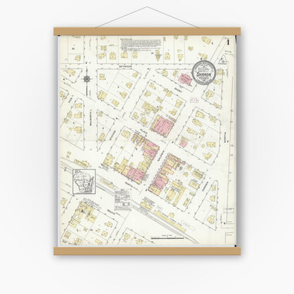 Old map wall art mockup — magnetic wood frame on white wall — Sanborn Fire Insurance Map from Sharon, Walworth County, Wisconsin (1914) - Complete Map Set