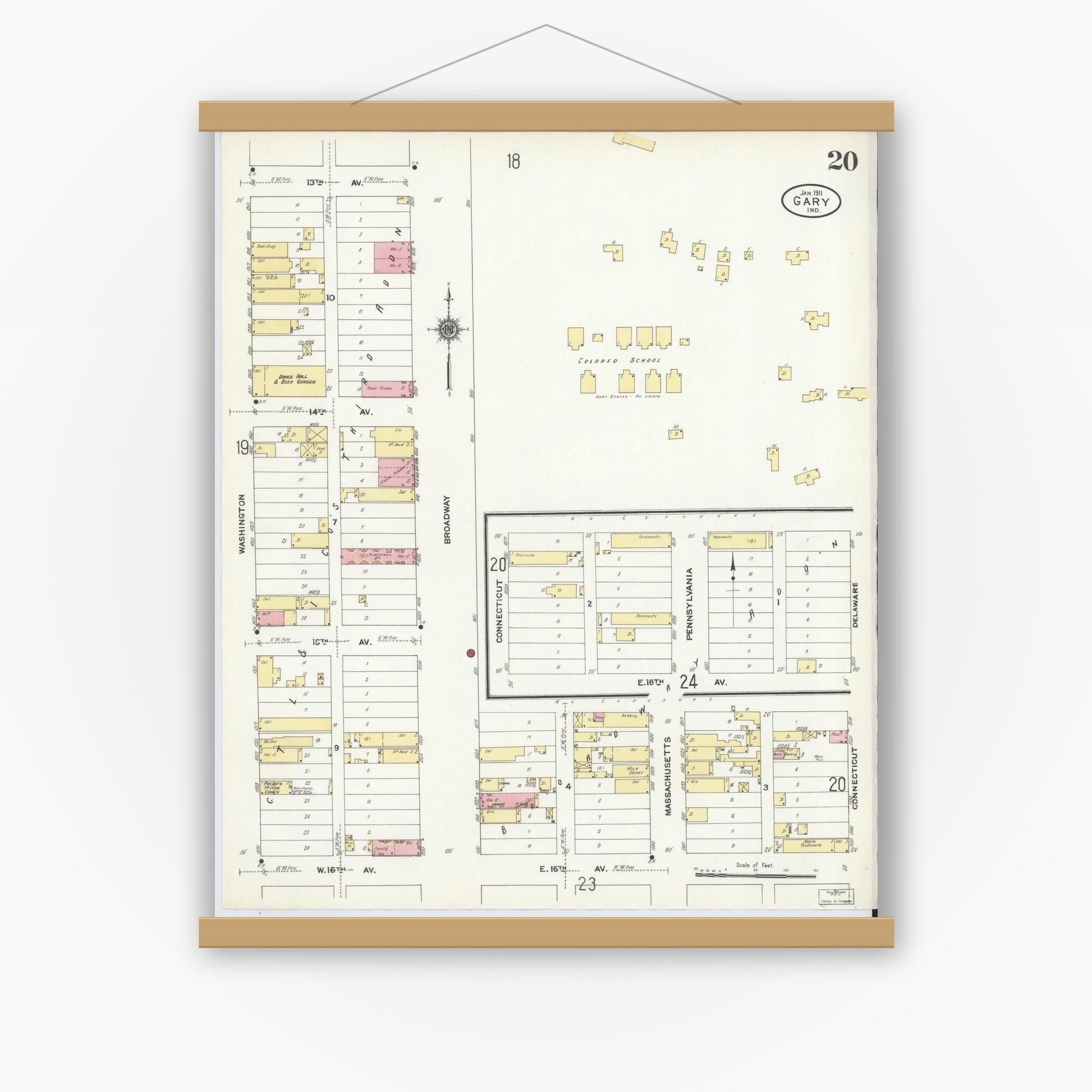 Old map wall art mockup — magnetic wood frame on white wall — Sanborn Fire Insurance Map from Gary, Lake County, Indiana (1911), Sheet #0020