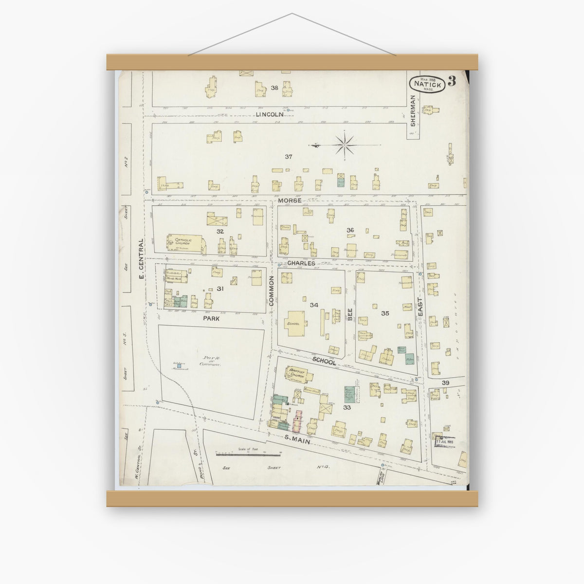 Old map wall art mockup — magnetic wood frame on white wall — Sanborn Fire Insurance Map from Natick, Middlesex County, Massachusetts (1888), Sheet #0003
