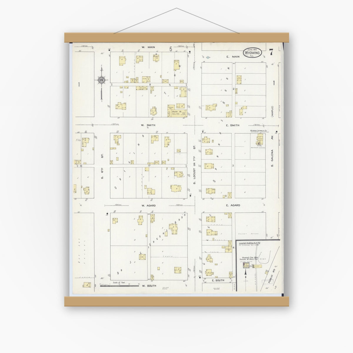 Old map wall art mockup — magnetic wood frame on white wall — Sanborn Fire Insurance Map from Wyoming, Stark County, Illinois (1913), Sheet #0007