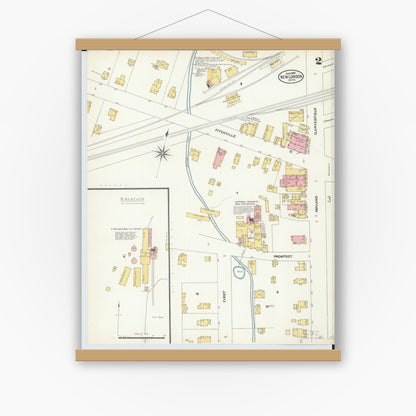 Old map wall art mockup — magnetic wood frame on white wall — Sanborn Fire Insurance Map from New London, Huron County, Ohio (1904), Sheet #0002