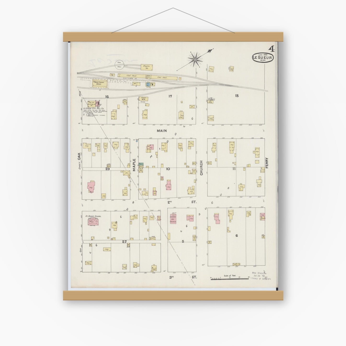 Old map wall art mockup — magnetic wood frame on white wall — Sanborn Fire Insurance Map from Le Sueur, Le Sueur County, Minnesota (1890), Sheet #0004