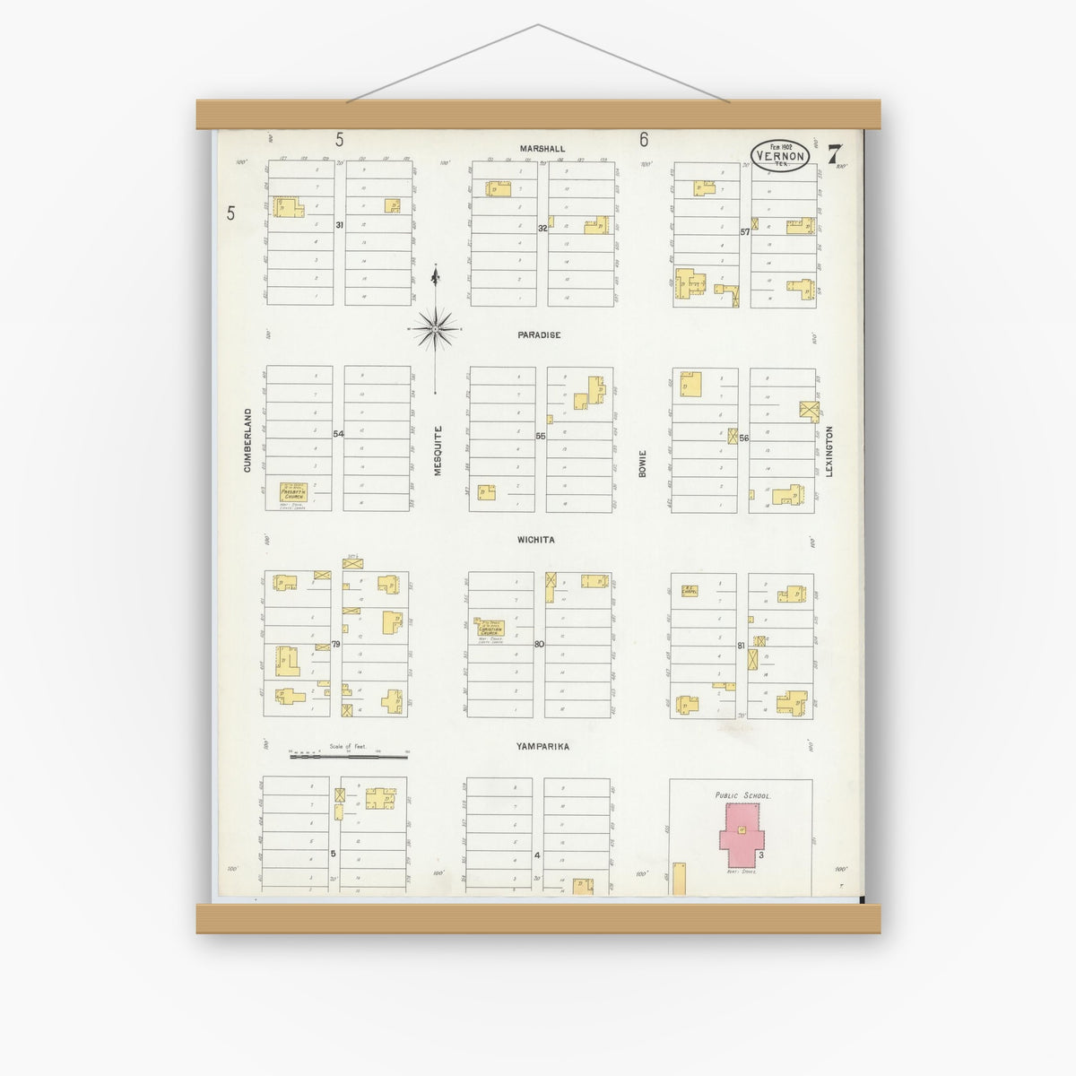 Old map wall art mockup — magnetic wood frame on white wall — Sanborn Fire Insurance Map from Vernon, Wilbarger County, Texas (1902), Sheet #0007