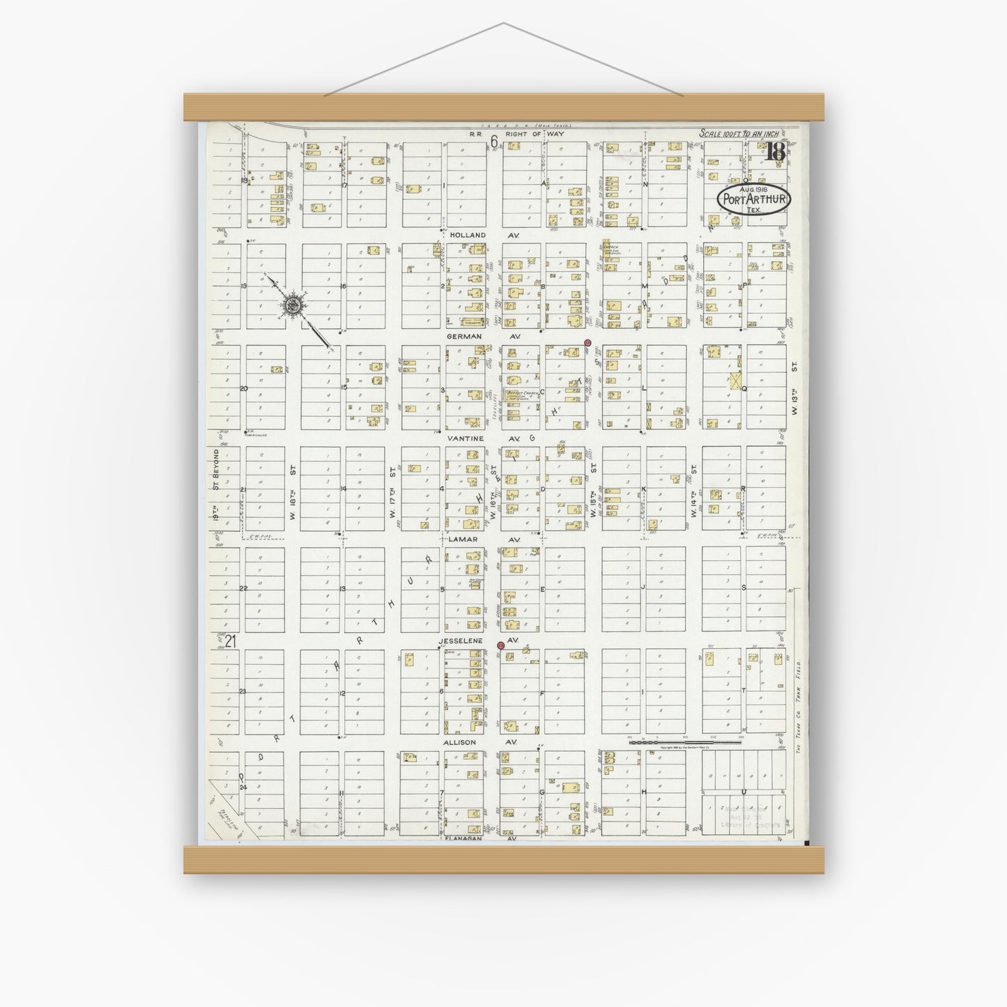 Old map wall art mockup — magnetic wood frame on white wall — Sanborn Fire Insurance Map from Port Arthur, Jefferson County, Texas (1918), Sheet #0018