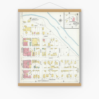 Old map wall art mockup — magnetic wood frame on white wall — Sanborn Fire Insurance Map from Bluffton, Wells County, Indiana (1900), Sheet #0002