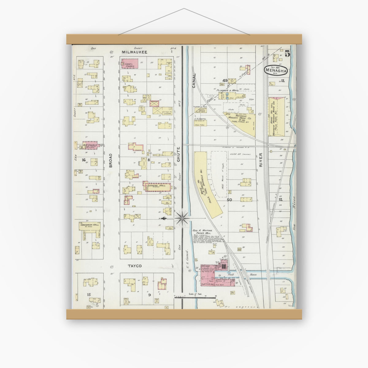 Old map wall art mockup — magnetic wood frame on white wall — Sanborn Fire Insurance Map from Menasha, Winnebago County, Wisconsin (1891), Sheet #0005