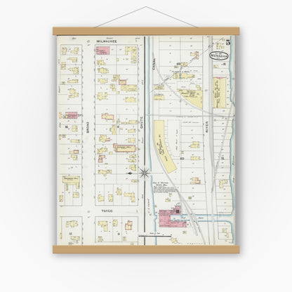 Old map wall art mockup — magnetic wood frame on white wall — Sanborn Fire Insurance Map from Menasha, Winnebago County, Wisconsin (1891), Sheet #0005