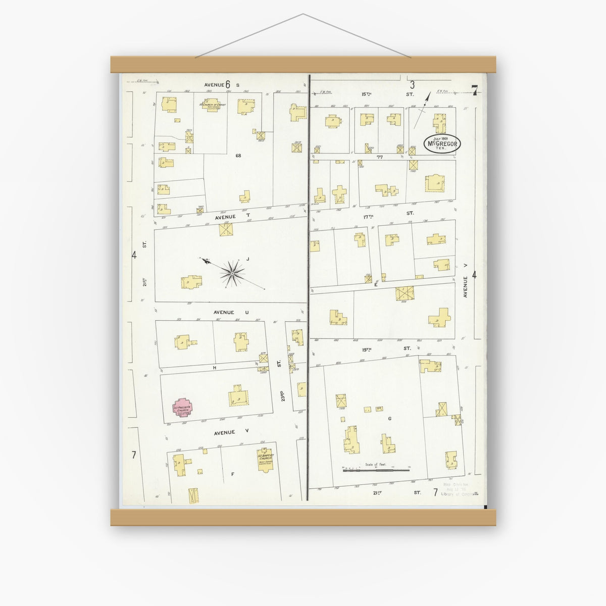 Old map wall art mockup — magnetic wood frame on white wall — Sanborn Fire Insurance Map from McGregor, McLennan County, Texas (1909), Sheet #0007