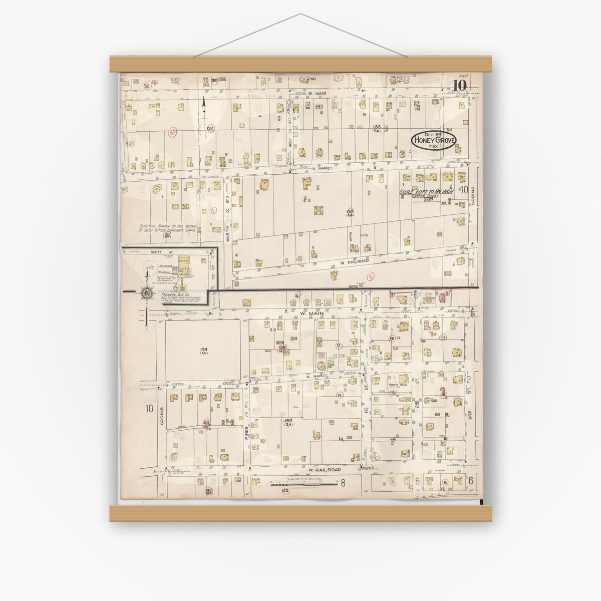 Old map wall art mockup — magnetic wood frame on white wall — Sanborn Fire Insurance Map from Honey Grove, Fannin County, Texas (1943), Sheet #0010